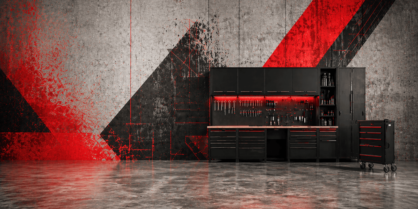 Werkstatteinrichtung — Werkbank und Werkzeugwand